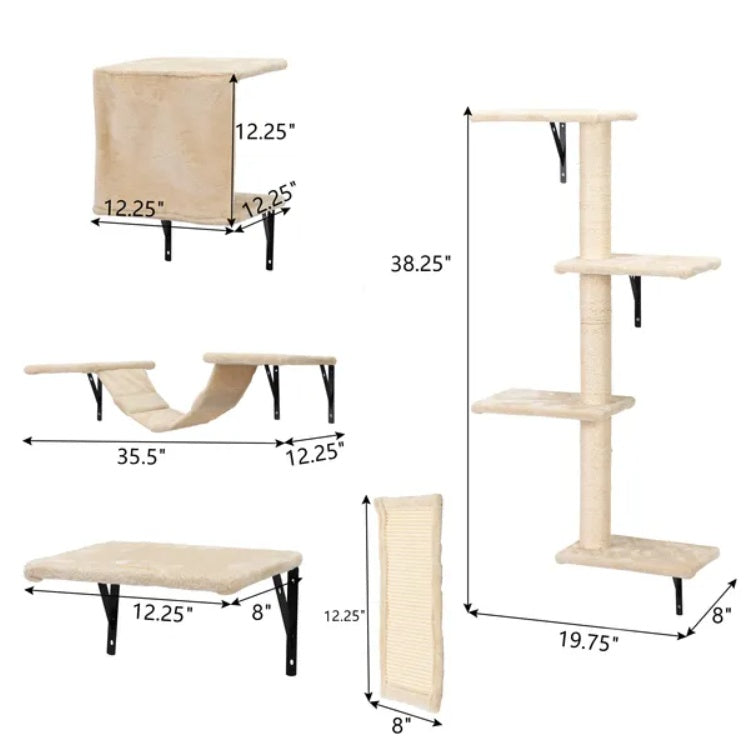 5 Pcs Wall Mounted Cat Climber Set  Floating Cat Shelves And Perches  Cat Activity Tree With Scratching Posts  Modern Cat Furniture - 5 - CJ