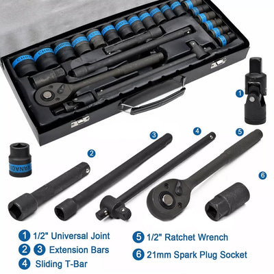 Heavy Duty 1&2 Ratchet Wrench Socket Set 8 - 32mm Metric Extension Bar Metal Case - 5 - cjdropshipping