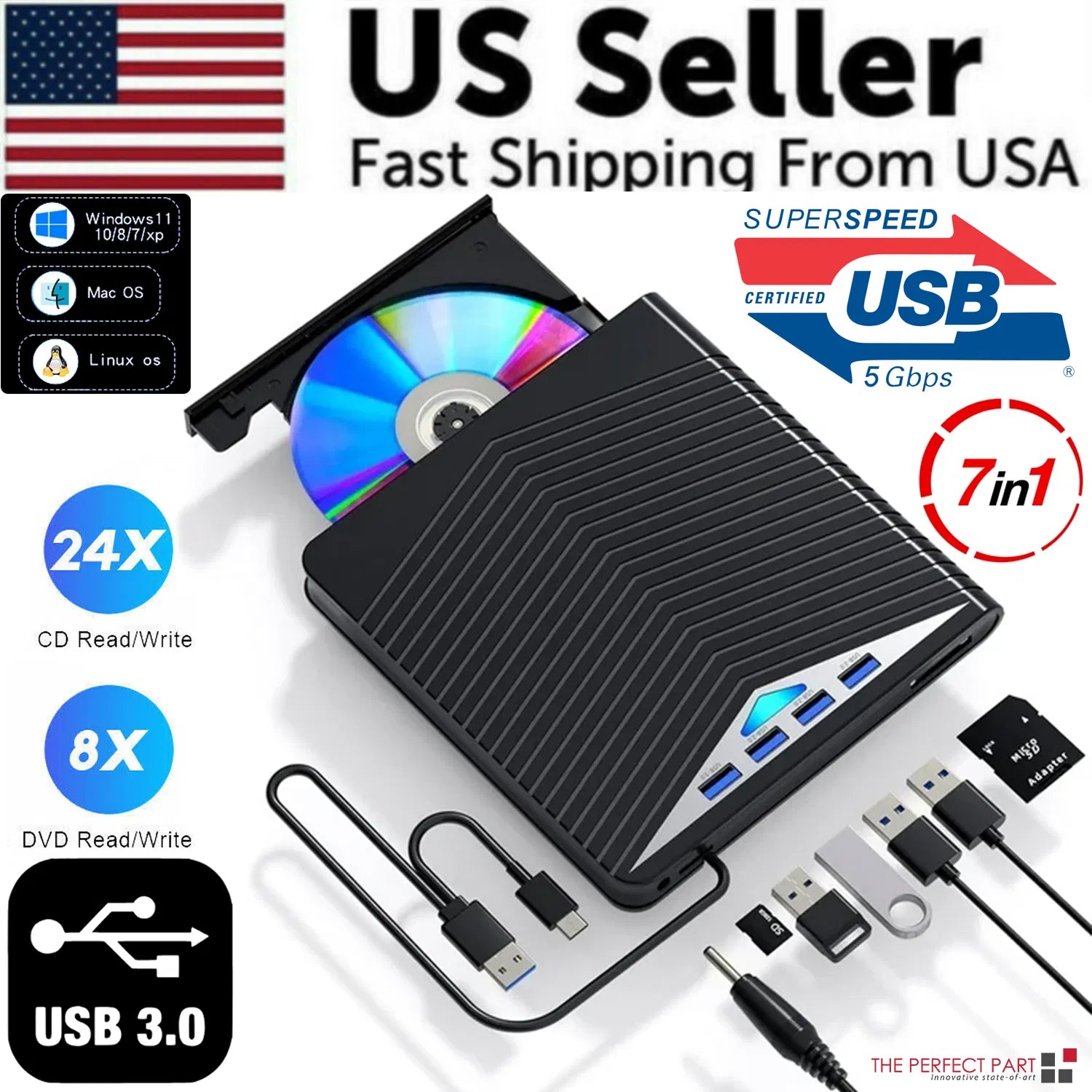 External CD DVD Drive For PC Laptop Windows 11 10 USB 3.0 Burner Reader Writer - 5 - CJ