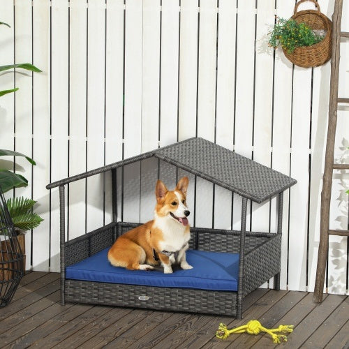 PawHut Wicker Dog House Outdoor With Canopy, Rattan Dog Bed With Water - resistant Cushion, For Small And Medium Dogs, Dark Blue - 5 - CJ