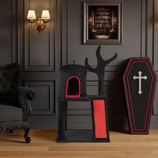 Gothic Cat Tree, Halloween Cat Tower Cat Tree With Spacious Cat Condo, Brach Shaped Scratching Post, Scratching Ladder, Spider Toy For Indoor Cats, Red & Black - 5 - cjdroshippping
