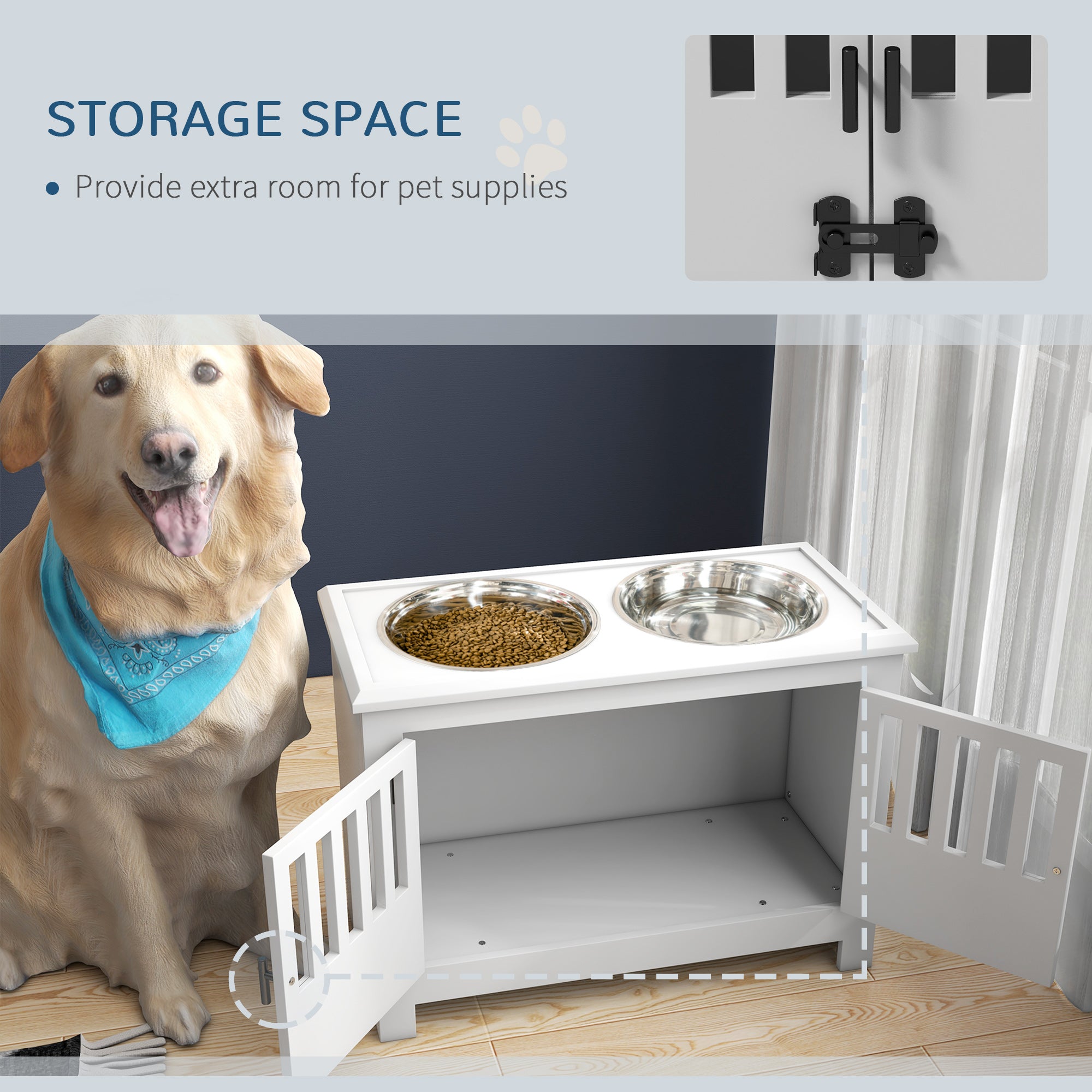 Dog Food Storage Cabinet with Bowls & Dog Feeding Station, White - 5 - CJ