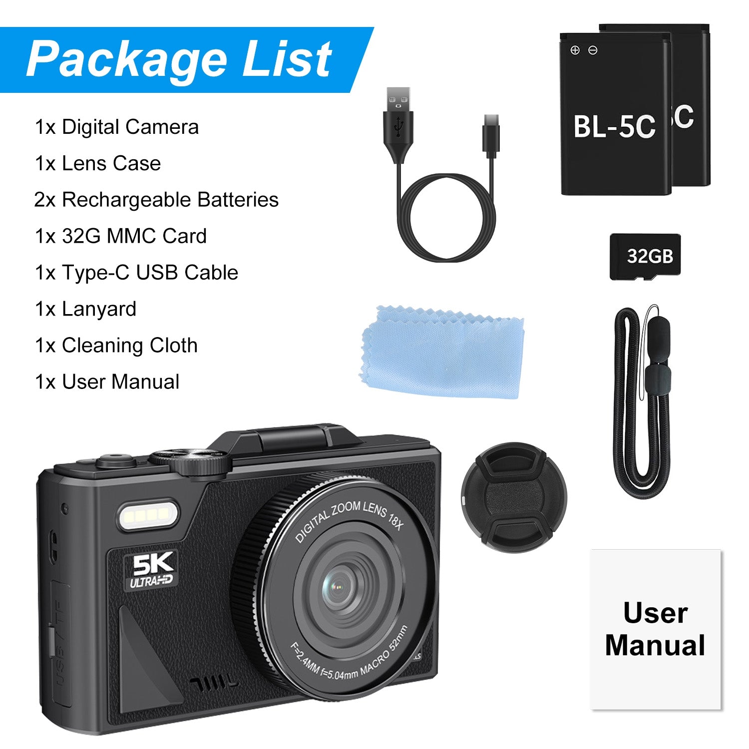 1Pc 5K 75MP Digital Camera For Photography Anti Shake WiFi Vlogging Video Camera With 9 Shooting Modes 18X Zoom Fill Light Webcam Function 2 Batteries 32G MMC Card 180Degree Flip IPS Screen - 5 - CJ