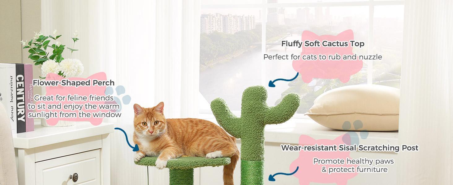 26 Inch Cactus Cat Tree With Bird's Eye View Flower Perch, Soft Cactus Top And Hanging Ball, Compact Vertical Structure For Indoor Cats - 5 - cjdroshippping