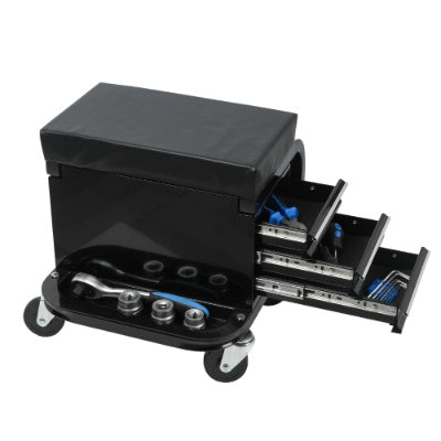 Rolling Creeper Garage Shop Seat With Three Built - in Drawers, Rolling Tool Chest Black - 5 - CJ