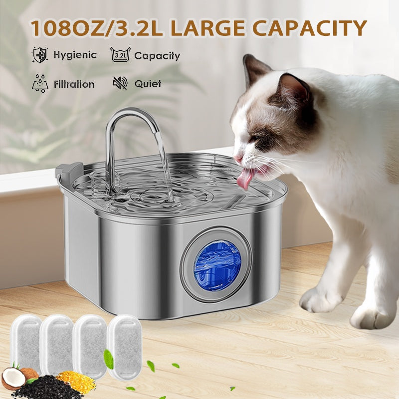 Cat Water Fountain Stainless Steel,108oz 3.2L Cat Fountain For Drinking - Pet Water Fountain Inside - Automatic Dog Watering Dispenser Bowl - Pet Feeding & Watering Supplies - Water Level Window - 5 - CJ