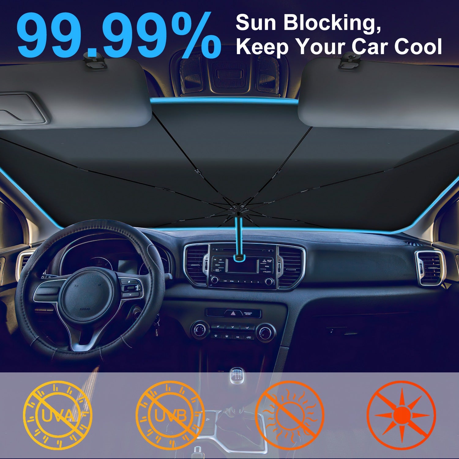 1Pc 57x33In Foldable Car Sun Umbrella Universal Sun Blocker Shield Shade Silver Titanium Sun Protector With Carry Bag For Car Truck SUV - 5 - CJ