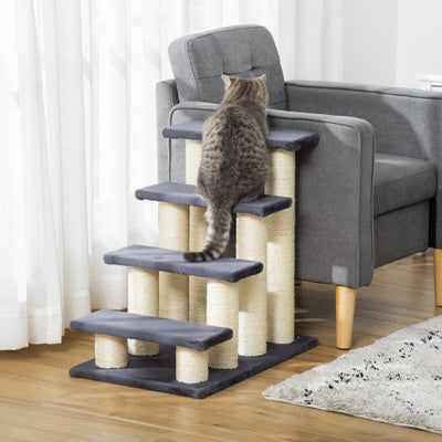 PawHut Cat Tree With 4 Steps For High Beds Couch, Cute Stair Shaped Cat Tree For Indoor Cats Or Dogs W Sisal Scratching Post, Climbing, Playing, Gray - 5 - CJ