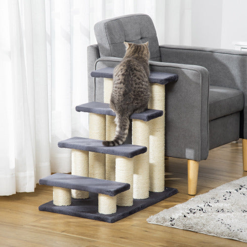 PawHut Cat Tree With 4 Steps For High Beds Couch, Cute Stair Shaped Cat Tree For Indoor Cats Or Dogs W Sisal Scratching Post, Climbing, Playing, Gray - 5 - CJ