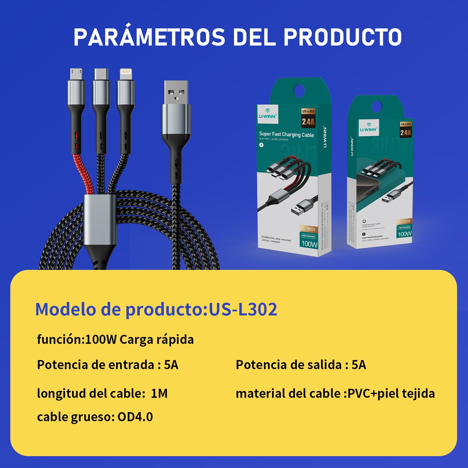 L302 3 - in - 1 Cable PD 1M Black UWINN - 5 - CJ
