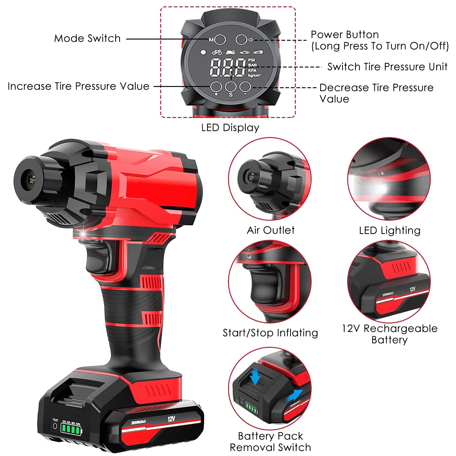 1Pc 150PSI Cordless Car Tire Inflator Rechargeable  2V Portable Electric Air Compressor With LED Light For Car Bike Motorcycle Ball