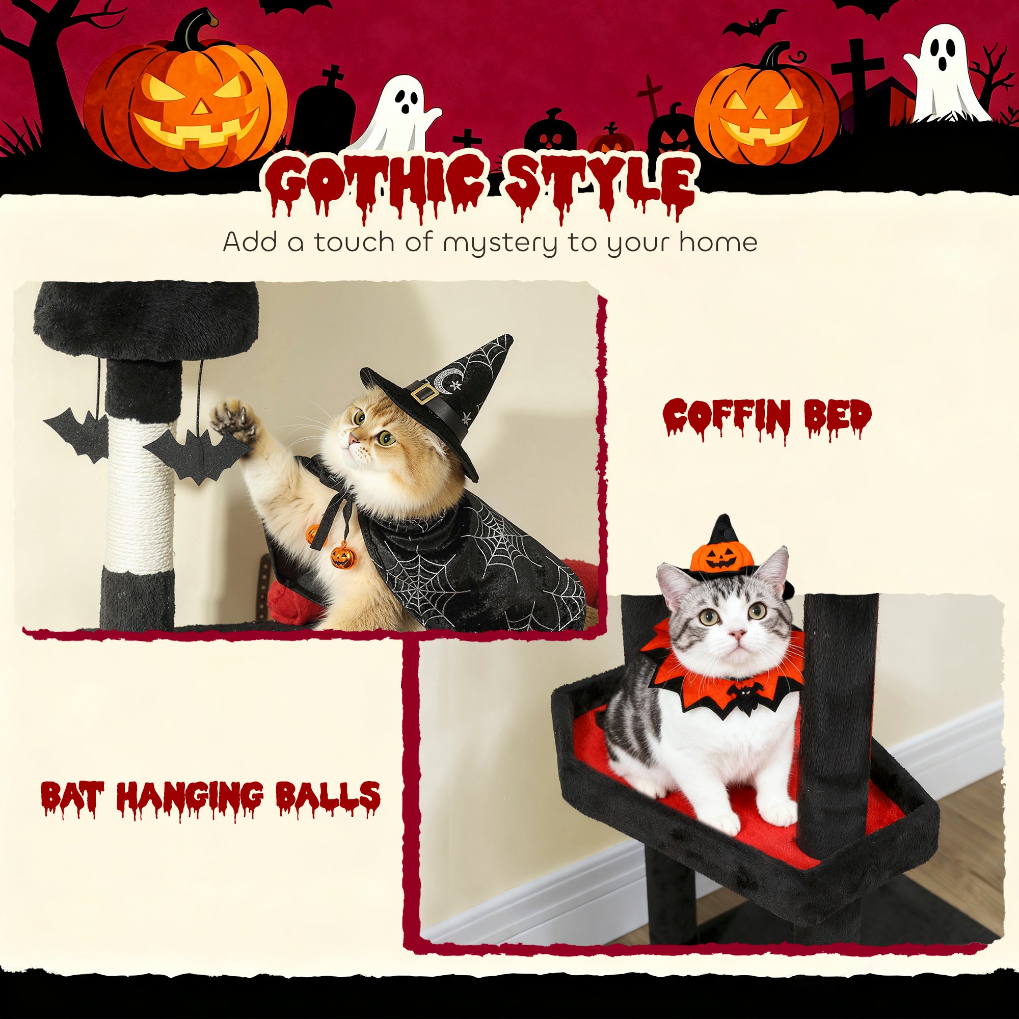 78" Gothic Cat Tree, Cat Tower with Coffin Bed, 2 Spacious Condos, Sisal Scratching Posts, Bat Hanging Balls, Halloween - 5 - CJ