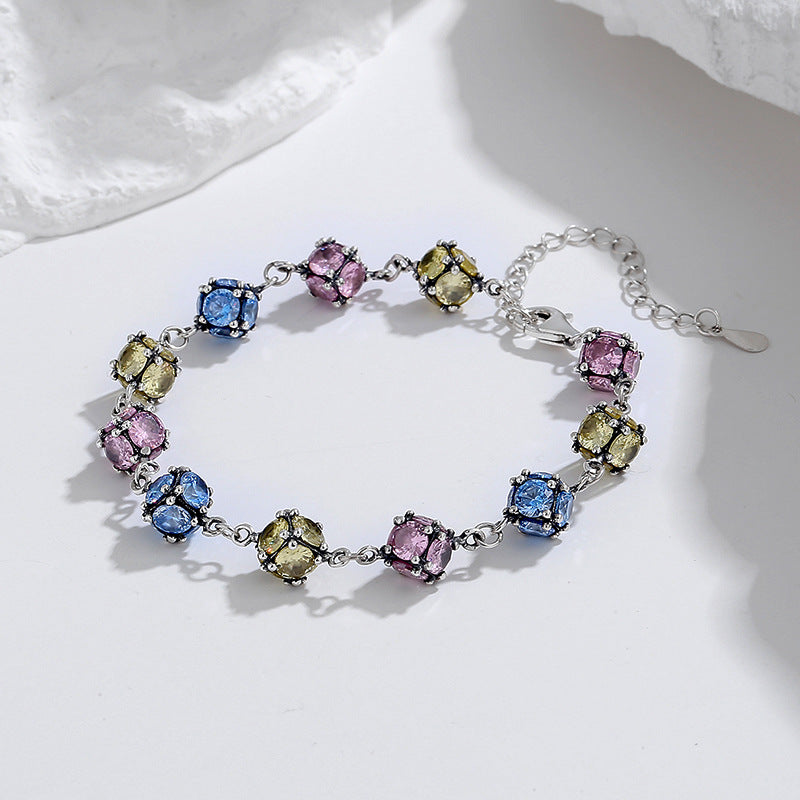 Zircon Colored Glass Ball Color Rose Sky Blue Bracelet - 4 - CJ