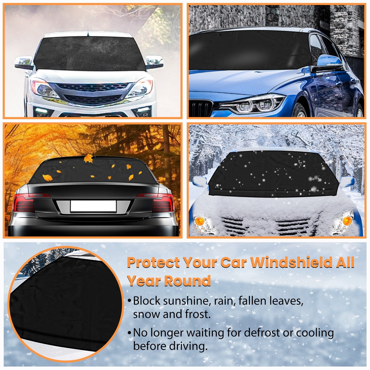 1Set Magnetic Car Windshield Cover Front Rear Car Windshield Protector Against Snow Sun Dirt Leaves Fit For All Cars Oxford Fabric Waterproof Heat - Resistant - 5 - cjdropshipping