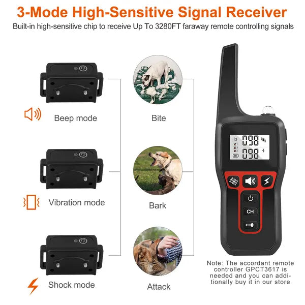 Dog Training Collar Receiver IP67 Waterproof Dog Bark Shock Vibration Beep Receiver Up To 3280ft - 5 - CJ