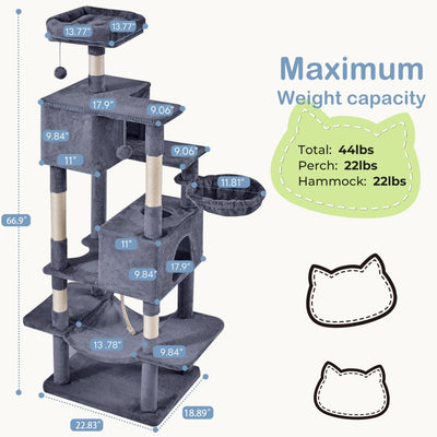 66 Inch Cat Tree Tower, Large Multi - Cat Climbing Extended Platform, Hammock, Pet House For Indoor Cats And Kittens Play - 5 - CJ