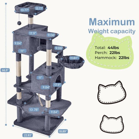 66 Inch Cat Tree Tower, Large Multi - Cat Climbing Extended Platform, Hammock, Pet House For Indoor Cats And Kittens Play - 5 - CJ