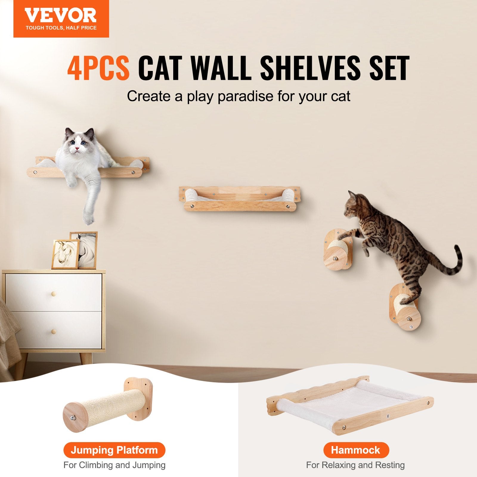 Wall Mounted Cat Shelves, Cat Wall Shelves And Perches With Jumping Posts & Hammocks, Cat Furniture Set Up To 40 Lbs, Removable & Washable Coral Fleece For Sleeping, Playing, Climbing, Set Of 4 - 5 - CJ