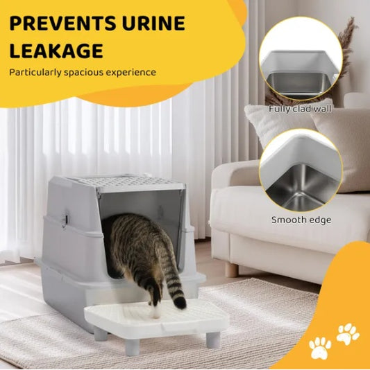Stainless Steel Cat Litter Box, Covered Extra Large Cat Litter Box Enclosure, Metal Kitty Litter Boxes With Lid, Litter Scoop, And Filter Pedal, Anti - Leakage, Non - Stick, Easy To Clean - 5 - CJ