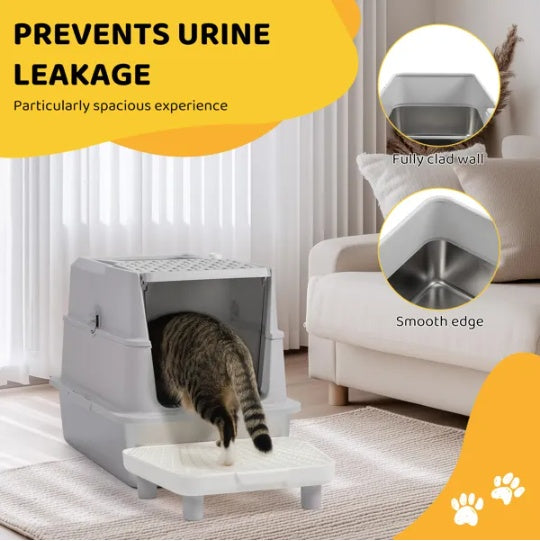 Stainless Steel Cat Litter Box, Covered Extra Large Cat Litter Box Enclosure, Metal Kitty Litter Boxes With Lid, Litter Scoop, And Filter Pedal, Anti - Leakage, Non - Stick, Easy To Clean - 5 - CJ