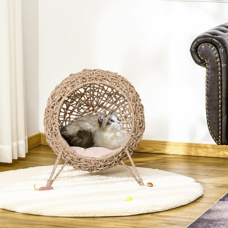 Weaved Cat Bed, Elevated Hand - woven Braided Banana Leaf Kitten House Condo With Cushion, Beige - 5 - CJ