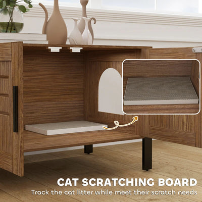 PawHut Cat Litter Box Enclosure With Tall Legs, Scratching Board, Dark Brown, - 5 - CJ