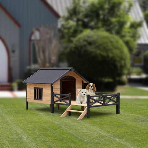 Outdoor Large Cabin Style Wooden Kennel With Porch - 5 - CJ