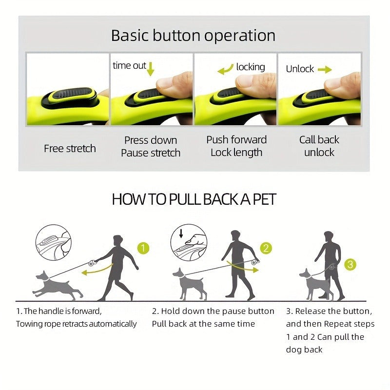 Heavy-Duty Retractable Dog Leash For Large Dogs Up To 49.9 KG - 4.88meter High-Reflective Nylon, Anti-Slip Handle, One-Button , Green And Black