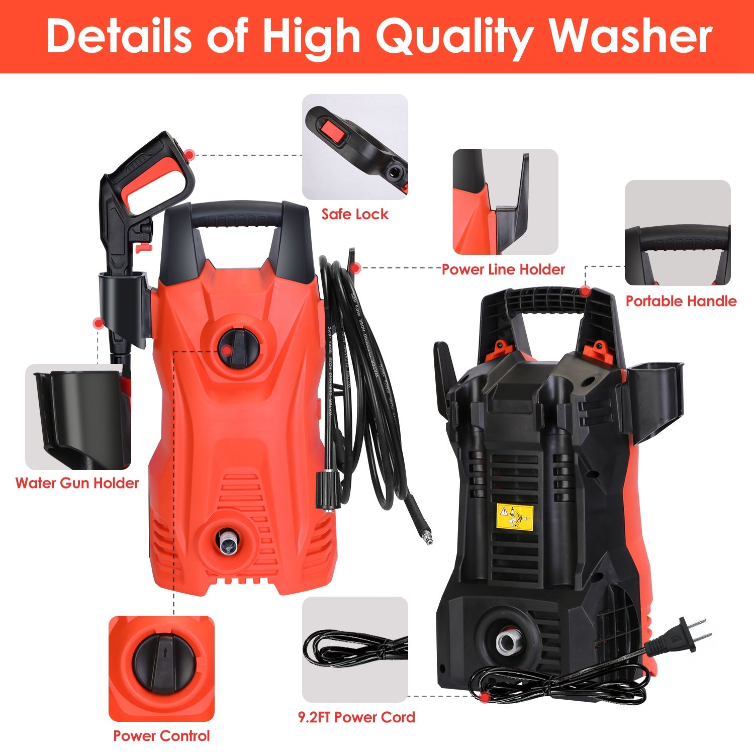 1Pc Electric High Pressure Washer 1740PSI  Powerful Car Washer Pressure Cleaner With Adjustable Spray Nozzle Soap Dispenser IPX5 Waterproof For Patio Garden Driveway