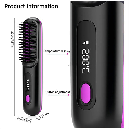 S7 Portable Cordless Hair Straightening Brush With LED Display - Lightweight Mini Negative Ion Hot Brush, USB Rechargeable Women's Travel Essentials Gift, Scald Protection - 5 - CJ
