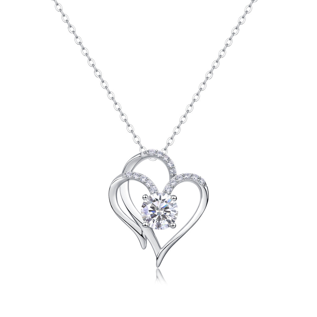 Heart To Heart Connected Luxury Fashion Diamond Pendant Necklace Set With Mosan Diamond Silver Ornaments