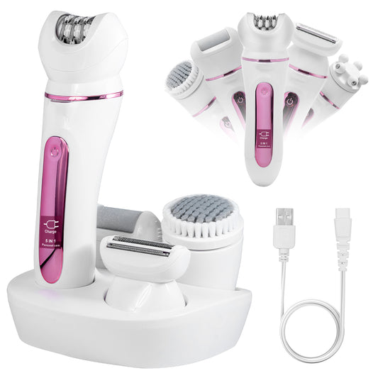 1Pc 5 In 1 Electric Body Epilator Rechargeable Women's Grooming Kit Epilator Shaver Facial Brush Callus Remover 5 Point Massager With LED Light LED Display Charging Base - 5 - CJ