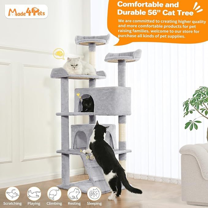 Made4Pets 56 - inch Pet Cat Tree For Indoor Cats Multi - Level Cat Tree With 2 Apartments Cat Activity Center With Scratching Posts And Toys Light Gray - 5 - CJ