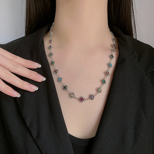 S925 Sterling Silver Gram Colorful Zircon Small Flowers Universal Sweater Chain Necklace - 4 - CJ