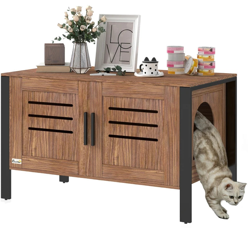 PawHut Cat Litter Box Enclosure With Tall Legs, Scratching Board, Dark Brown, - 5 - CJ