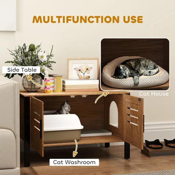 Cat Litter Box Enclosure With Tall Legs, Scratching Board, Dark Brown - 5 - CJ