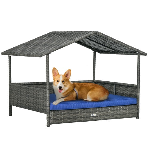 PawHut Wicker Dog House Outdoor With Canopy, Rattan Dog Bed With Water - resistant Cushion, For Small And Medium Dogs, Dark Blue - 5 - CJ