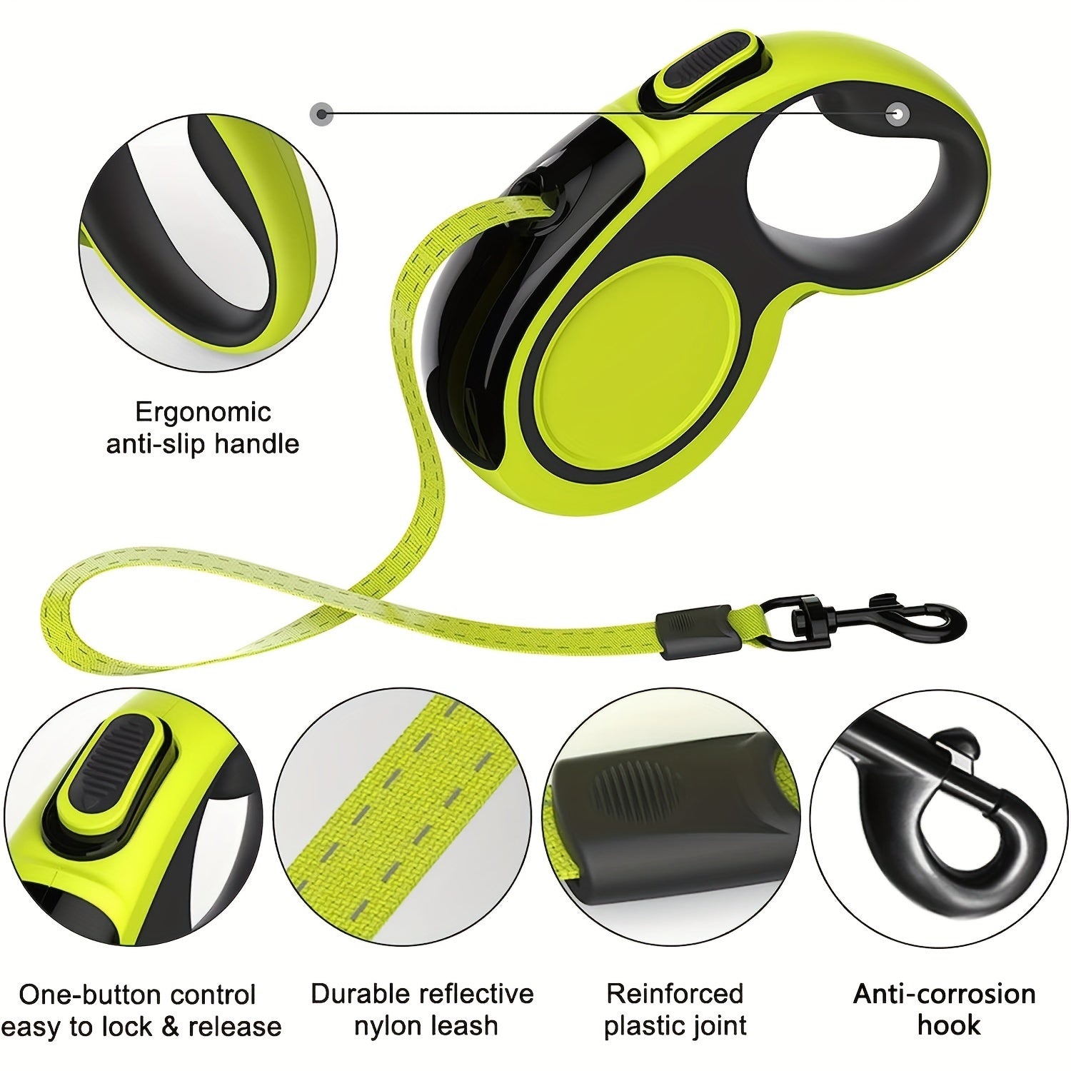 Heavy-Duty Retractable Dog Leash For Large Dogs Up To 49.9 KG - 4.88meter High-Reflective Nylon, Anti-Slip Handle, One-Button , Green And Black