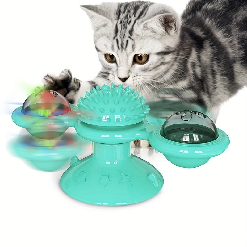 New Windmill Cat Toys Cute Rotating Interactive Cat Toy - Indoor Windmill Cat Toy With Suction Cup Catnip & Jagged Teeth Middle Ball, Smart Kitten Rotating Spinner Exercise Toy, Toothbrush & Massager - 5 - CJ