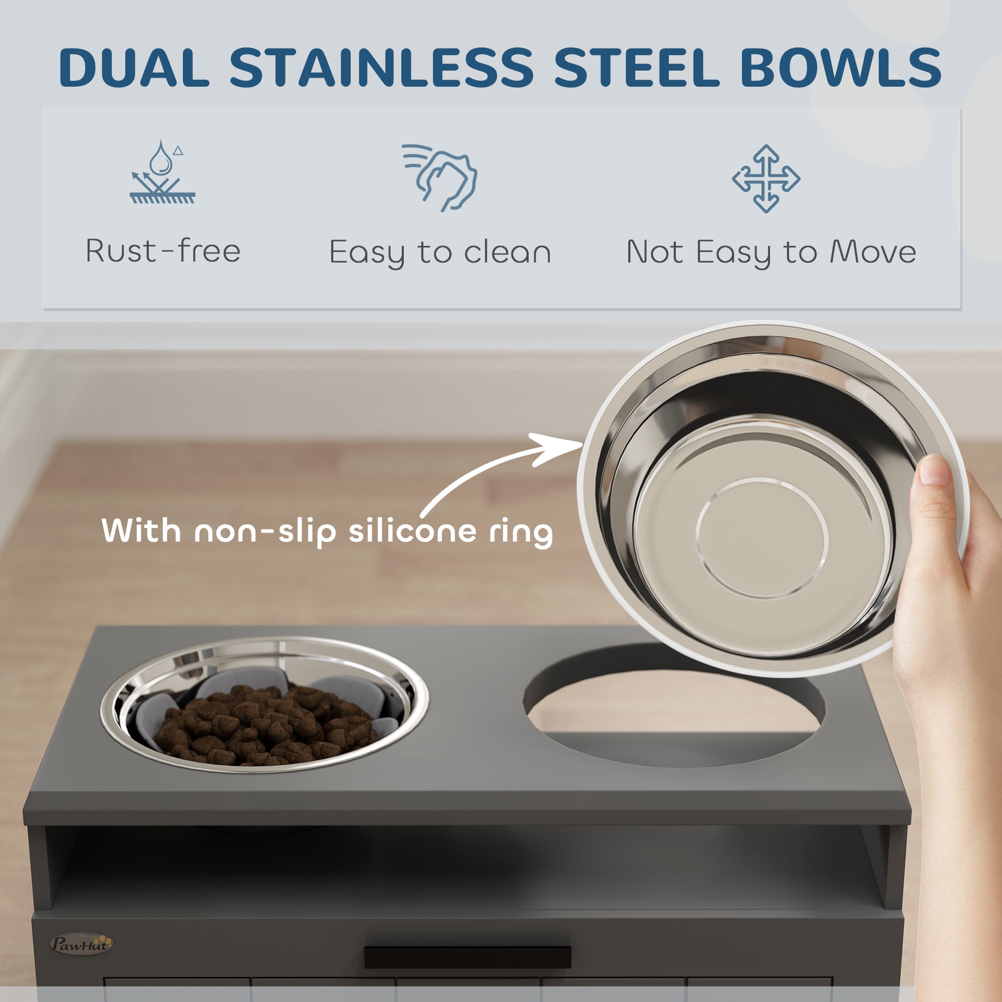 Elevated Dog Bowls, Large Breed Raised Dogs Bowl Stand with 2 Stainless Steel Bowls, Storage Drawer and Slow Feeder Mat - 5 - CJ
