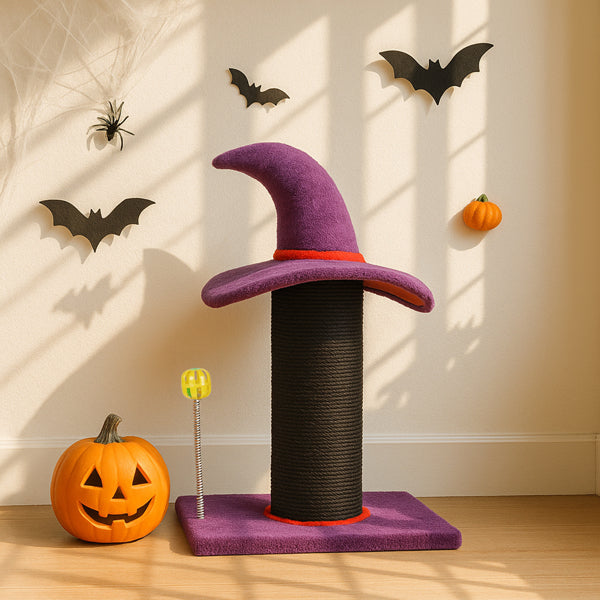 Wizard Hat Cat Scratching Post With Spring Ball Toy For Indoor Cats, Halloween Spooky Cat Scratcher, Purple - 5 - CJ