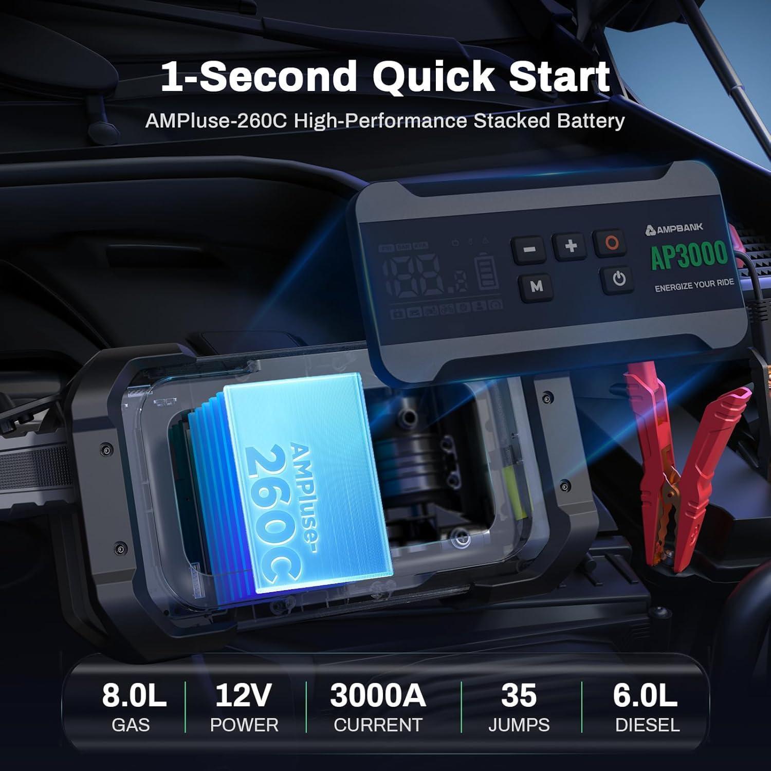 3000A Portable Car Emergency Starter Power Supply With Inflator Function 150PSI Digital Tire Inflator 12V Car Battery Charger With LED Lighting LCD Display - 5 - CJ