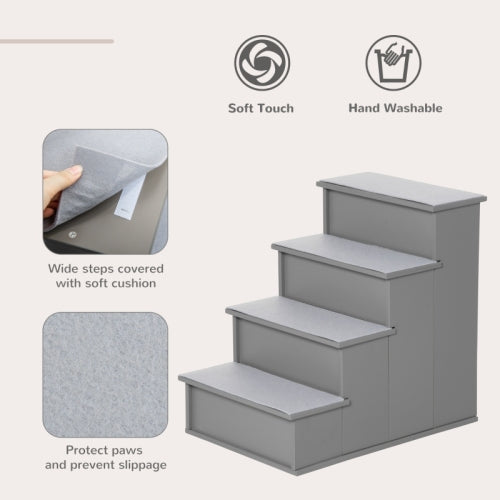 PawHut 4 Step Wooden Dog Steps Pet Stairs For Dogs, Cat Ladder For Bed Couch With Non - Slip Carpet 40 X 59 X 54.2 Cm, Grey - 5 - CJ