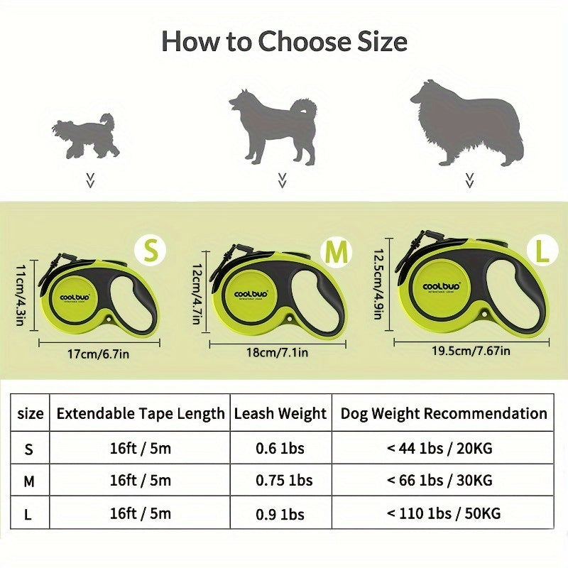 Heavy-Duty Retractable Dog Leash For Large Dogs Up To 49.9 KG - 4.88meter High-Reflective Nylon, Anti-Slip Handle, One-Button , Green And Black