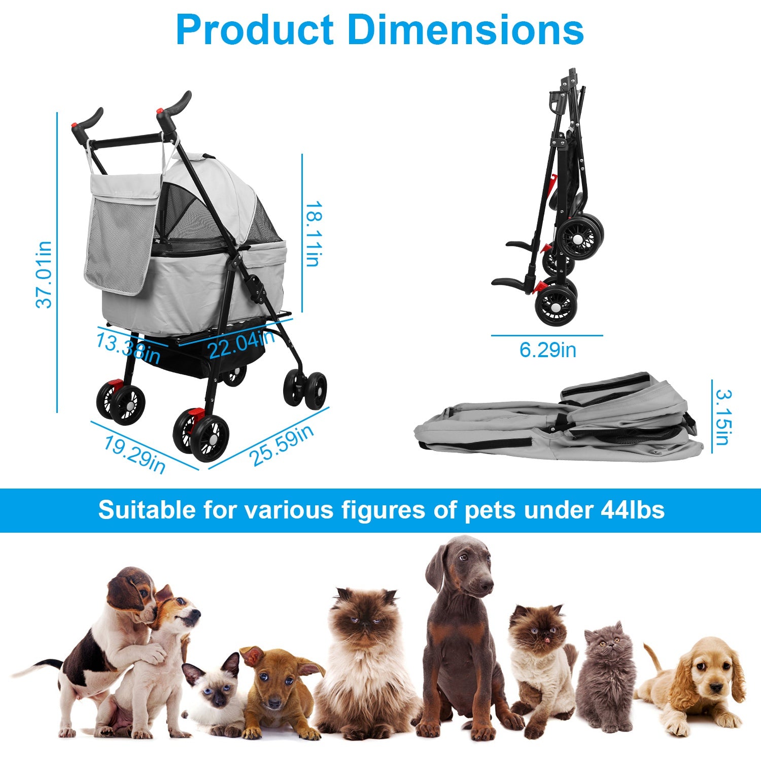 1Pc 4 - Wheels Pet Stroller Foldable Carrier Strolling Cart Travel Jogger Pet Stroller With Removable Liner Storage Basket For Dog Cat - 5 - CJ