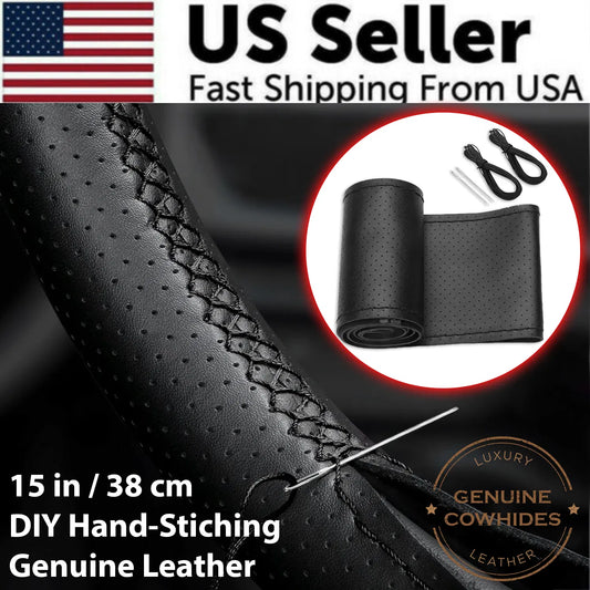Genuine Leather DIY Car Steering Wheel Cover Anti - slip For Cm Black US - 5 - CJ