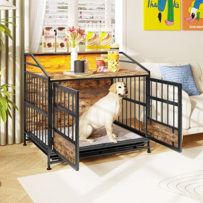 Multi - function Furniture Style Dog Crates With Storage, Dog Crate Furniture Large Wooden Dog Kennel With Double Doors, For Large Medium Dog Indoor, Brown - 5 - CJ