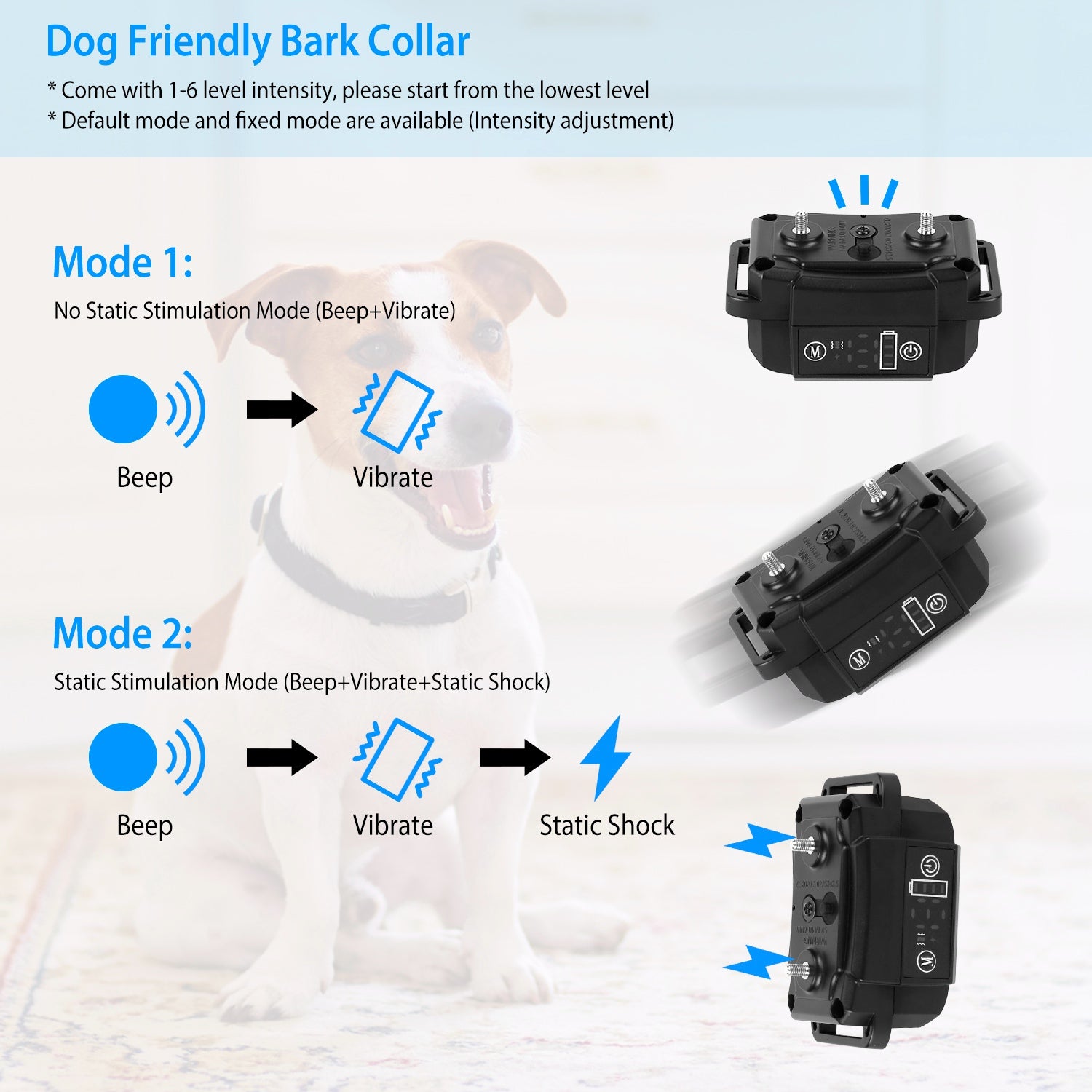 Dog Bark Collar Rechargeable Waterproof Beep Vibration Static Stimulation Bark Stopper Automatic Identification Collar With 6 Intensity Dual Modes - 5 - CJ