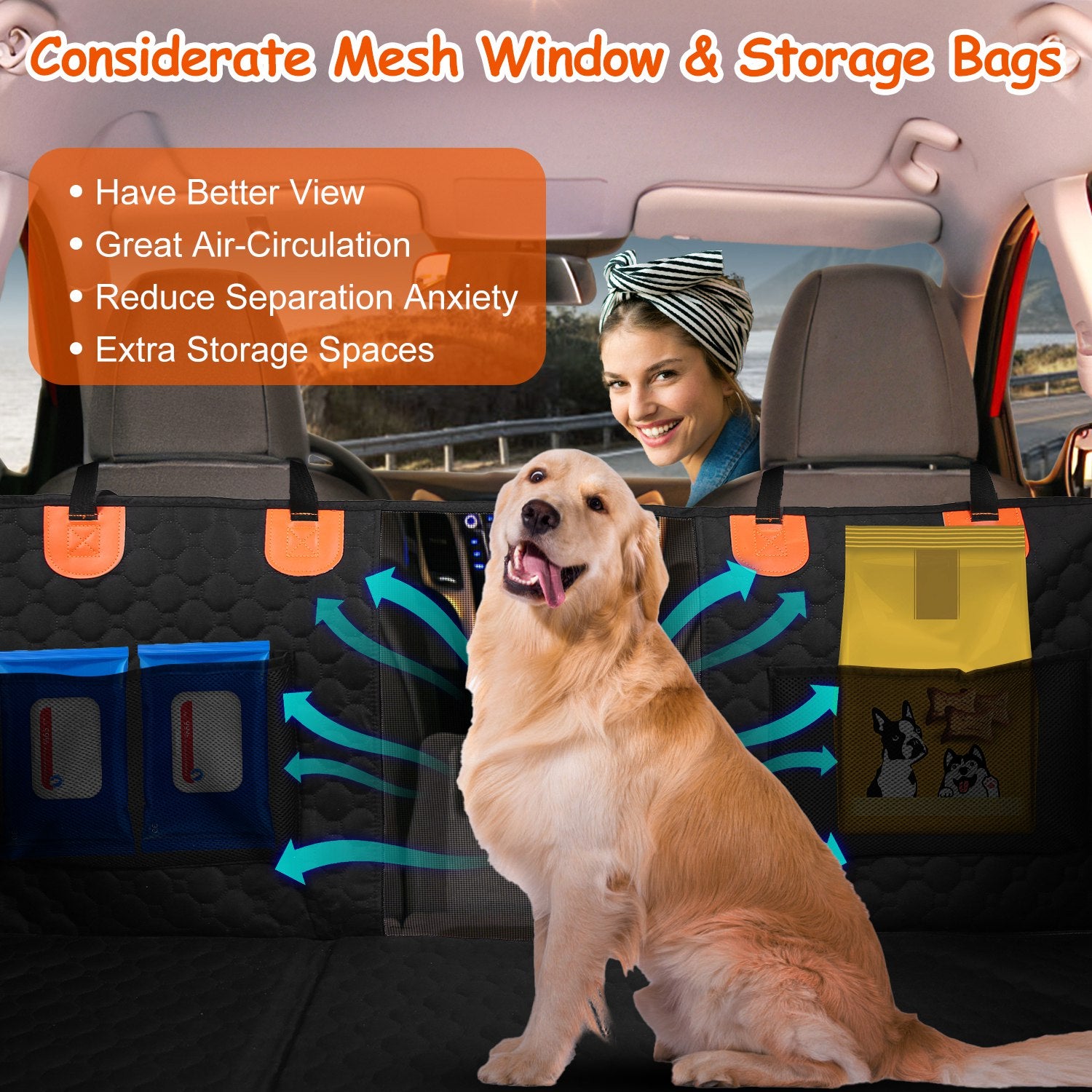 Dog Car Back Seat Cover With Zipper Mesh Window Storage Bags Waterproof 600D Oxford Cloth Car Seat Protector With Slide Flaps For Cars Trucks SUVs - 5 - CJ