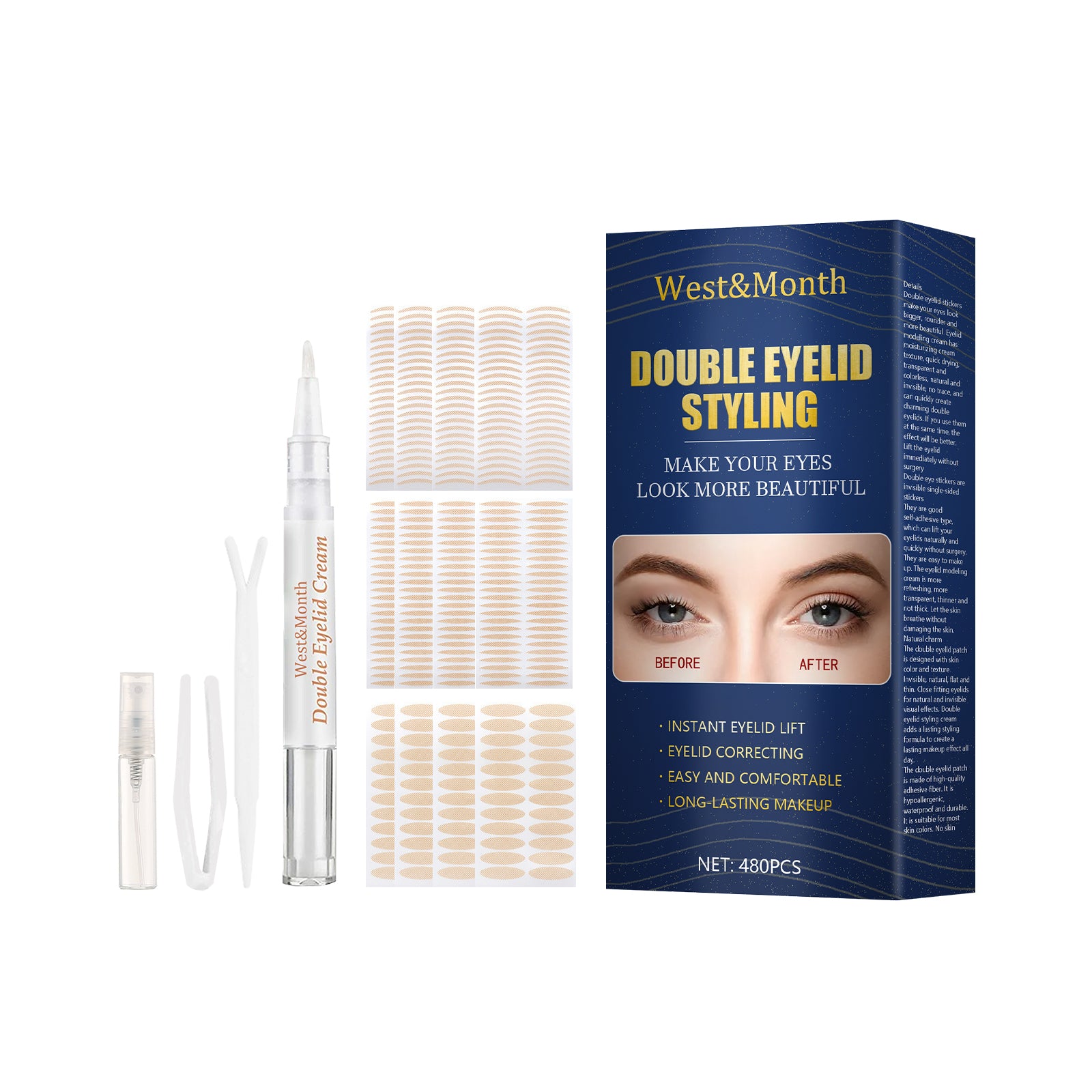 West&Month Double Eyelid Tape - Invisible, No - Glue, Natural Mesh Adhesive, Activates With Water, Beautiful Eyes, Olive Shaped Lace - 5 - CJ